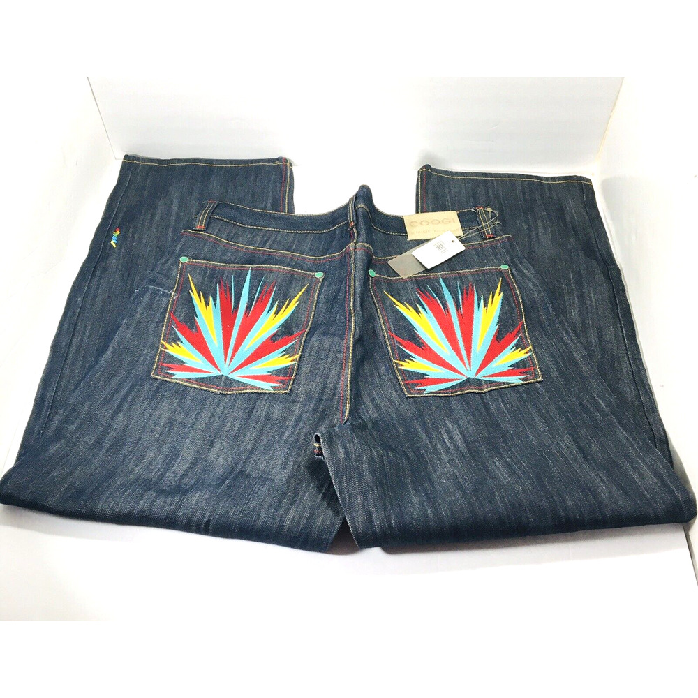 COOGI NWT Vintage Jeans Blue Denim Embroidered Pants Multi-Color Stitch Sz 38/33